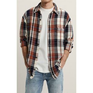 ZARA Men's Brown White Blue Plaid Textured Relaxed Fit Button Up Shirt Large